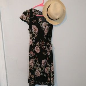 Black printed georgette flutter sleeve wrap dress